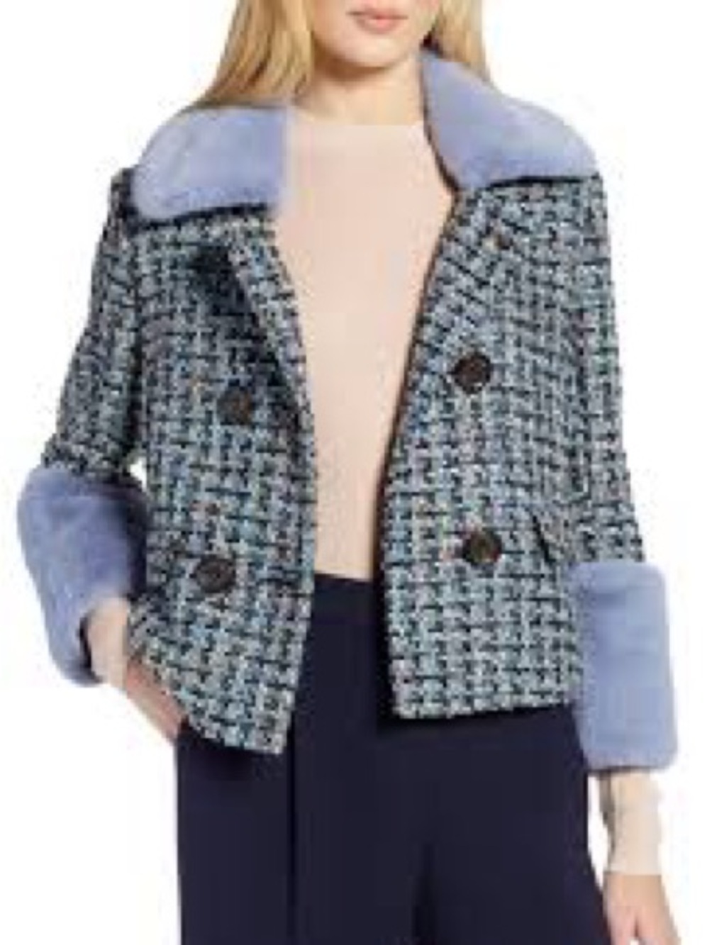 Halogen x Atlantic-Pacific Faux Fur Trim Tweed Jacket Black & Blue Small